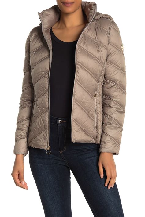 michael michael kors packable hooded zip down puffer jacket|Michael Kors lightweight packable jacket.